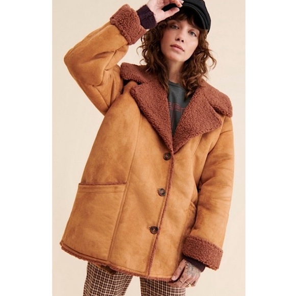 Free People Jackets & Blazers - NWT Free People Diogo Oversized Colorblock Faux Sherpa Suede Brown Coat Jacket